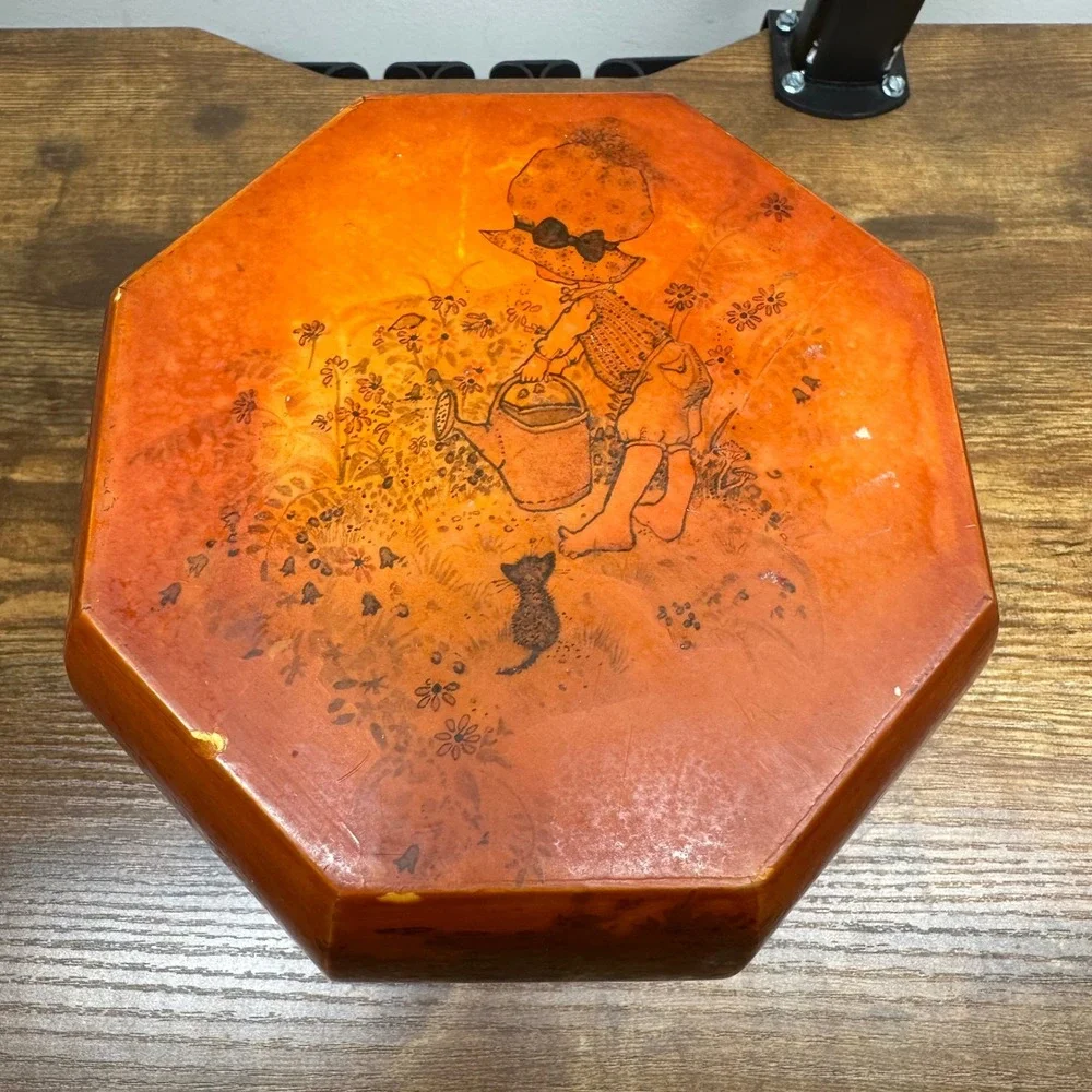 Vintage Wooden Octagon Sewing Box Sunbonnet Girl Illustrations Storage Bin
